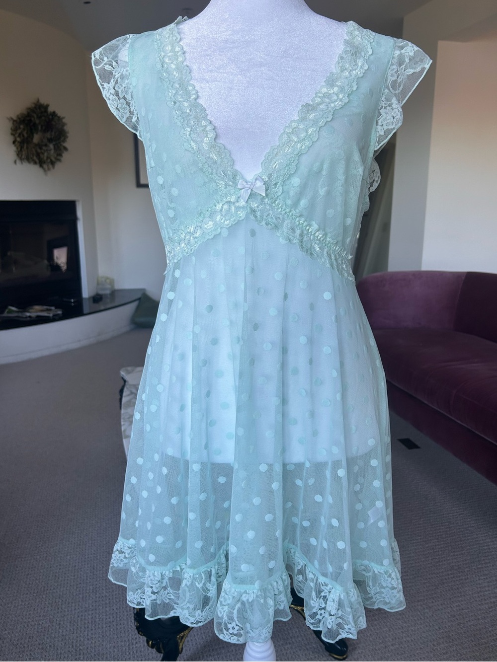 Betsey Johnson babydoll Mint Green Polka Dot Lace lingerie ruffle sleeve Chemise